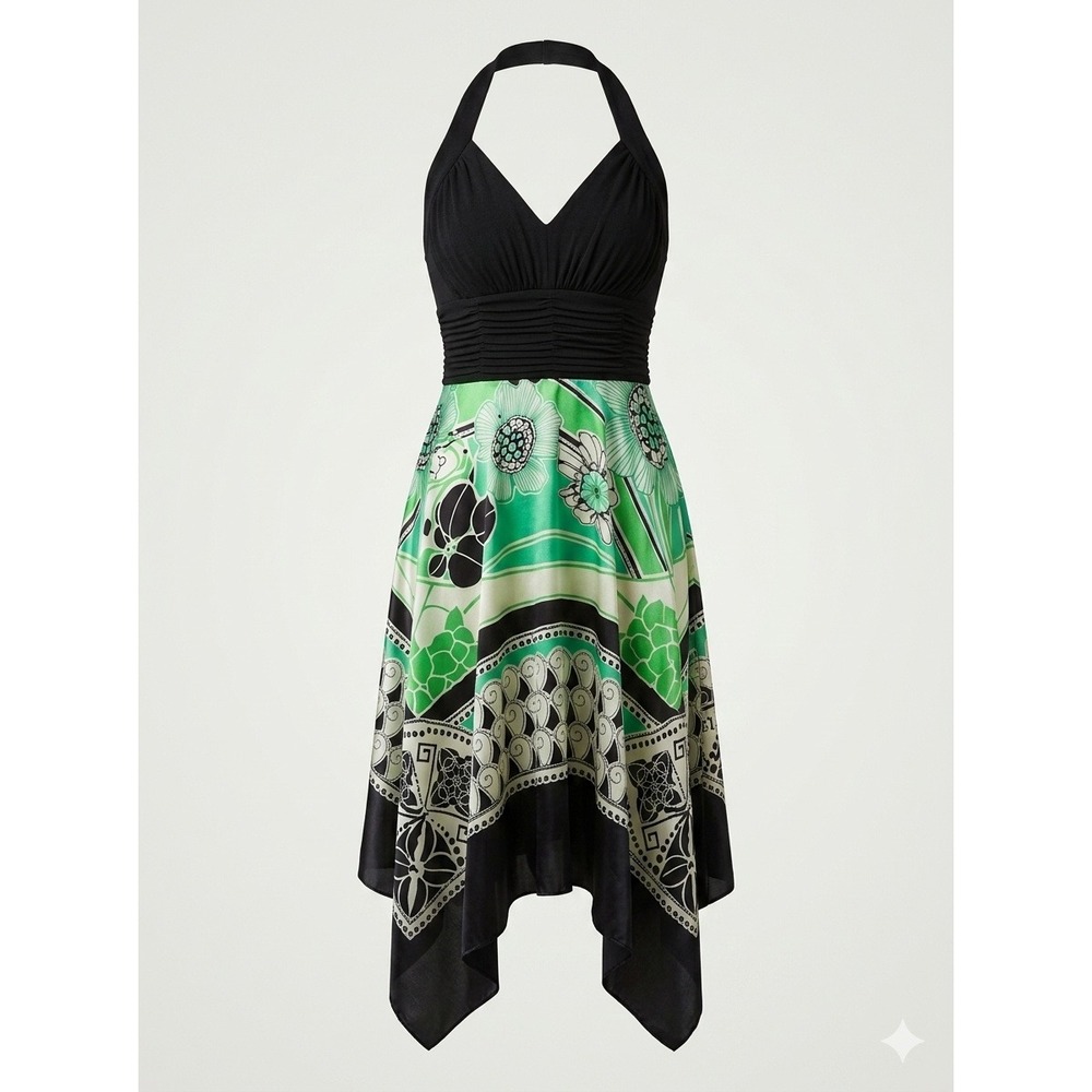 Sangria Womens 10 M Halter Dress Black Green Floral Satin Handkerchief Hem Y2K